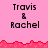 Pixelated text 'Travis & Rachel' appears in black on pink background with red decorative borders, showing two distinct states with partial gray overlay on right side.