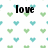 Pixelated icon with black text 'love' centered over a white background with repeating light blue and green heart shapes.