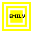 Four yellow square frames with white borders display the name 'EMILY' in black pixelated text, each frame showing a different layered arrangement of squares.