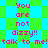 Pixelated text repeats across a green and cyan checkered background with no visible animation changes.