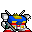 Pixelated mecha with blue torso, yellow accents, and red feet stands in three of showing sequential arm movements