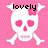 Pixelated white skull with pink eyes and nose, crossed bones on a solid pink background, black text 'lovely' above the skull.