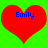 Two red heart shapes on a bright green background, each containing the blue text 'Emily' in pixelated font.
