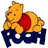 A yellow bear with a red shirt rests on dark blue letters spelling POOH, while a pink pig in purple stripes lies below and a blue donkey sits under green flowers.