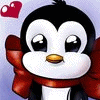 Static cartoon penguin icon with red bow tie and floating heart symbol on light purple background.