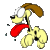 Pixelated cartoon dog with brown arched tail, white face patch, red tongue, and yellow body running left on gray background.