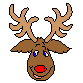 Pixelated reindeer head with brown antlers, blue eyes, red nose, and pink mouth against gray background.