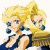 Pixelated anime-style character with blonde hair and blue eyes in a dynamic pose, next to green text on dark background.