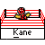 Pixel art of a red-and-black character in a wrestling ring with yellow gloves, labeled 'Kane' below.