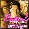 A static image of a person with dark hair and light skin, overlaid with pink text reading 'Entre!' and purple text reading 'glitterfy.com' against a golden background.