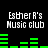 Pixelated text 'Esther A's Music club' appears above green audio equalizer bars on a black background, with two identical static frames showing different bar patterns.