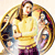 A pixelated circular icon shows a person with long brown hair wearing a yellow shirt and purple pants, holding a dark blue object against a light background.