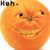A pixelated orange circular face with a wide grin, squinted eyes, and a small brown nose against a white background.