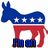 Blue and red donkey silhouette with white stars on blue section, standing against white background; text below changes from 'I'm an' to 'ASS-MAN'.