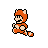 Pixel art of a red panda character in orange attire, shown in three sequential poses against gray background.