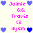 Pixel art of names and symbols with heart icons, featuring pink text on light background