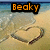 Pixelated beach scene with heart-shaped sand drawing and orange text 'Beaky' on black background.
