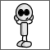 Pixelated cartoon figure with large black eyes, light gray body, and rounded feet in various poses across a