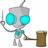 Pixelated gray alien with large cyan eyes holds a sword in one hand and a brown anvil in the other against white background.