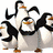 Animated penguin group with orange beaks and feet, blue penguin with white chest, and penguins in blue background.