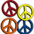 Four peace sign icons arranged in a 2x2 grid, each with distinct solid colors and pixelated outlines on a white background.