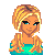 Pixel art contact sheet of a female character in three progressive poses holding a green basket, with blue text reading "Kayla" and heart symbols below.