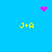 Blue background with four yellow 'J+A' text blocks, one pink heart, and two pink particle clusters.
