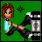 Pixel art with green background, blue and orange stars, and text elements including 'learn 2 skate' and 'skate' repeated in blue and orange