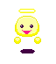 Pixelated yellow circular face with pink mouth, dark purple eyes, and golden halo above head; two small round yellow objects below the face on a gray background.