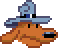 Pixelated cartoon character with orange body and blue wizard hat, shown in two expressions: neutral face on left, smiling mouth on right.