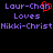 Pixelated text displays 'Laur-Chan' with a red heart replacing the 'o', 'Loves', and 'Nikki-Christ' in purple on black background.