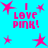 Pixelated cyan background with pink text and star shapes, repeating 'I LOVE PINK!' in four quadrants surrounded by scattered stars.