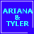 Blue square icon with light blue text 'ARIANA & TYLER' and white border; two variations show a white heart and white star in bottom-right corner.