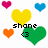Pixelated heart-shaped icons in pink, blue, yellow, orange, and green surround black text reading 'shone' with a small '<3' symbol below it on white background.