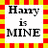 A static digital image with a red and yellow striped border, displaying the text "Harry is MINE" in bold black letters on a white background.