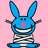 Blue rabbit with pink nose and white teeth wrapped in gray bandages on pink background, surrounded by black handwritten text fragments.