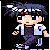 Pixelated character with spiky dark hair and red marks on forehead, wearing white jacket over black shirt and blue pants in three sequential poses.
