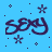 A 48x48 pixel animated contact sheet showing six frames of a blue background icon with repeated "sexy" text and star patterns, each frame displaying slight variations in star positions and dot placements.