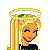 Pixel art buddy icon featuring a blonde angel with halo and green top, paired with a frog character in crop top and jeans holding a bell, plus green text reading "Froggy Angel".