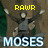 Pixelated character with arms raised, yellow text above and blue text below on brown background.