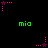 Green 'mia' text appears between pink star-shaped pixel animations on a black background.