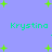 Pixelated green text 'Krystina' appears multiple times on a light purple background with scattered green plus signs.