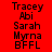 Red background with black text listing names Tracey, Abi, Sarah, Myrna, BFFL in three vertical