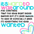 Pixelated text and abstract shapes in cyan, green, pink, and gray on white background with a colorful curved line.