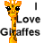 Pixelated giraffe head and neck with orange-brown spots, black eyes with lashes, and text 'I Love Giraffes' on white background.