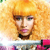 Pixelated image of a person with blonde hair, purple eyeshadow, and a pink mouth, wearing a dark collar and pink clothing against a yellow background.