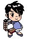 Pixel art girl with black hair, blue shirt, brown pants, and checkered backpack walking left to right while holding a book.