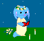 Pixelated blue creature with flower crown kneels on green grass holding red book under starry night sky.