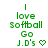Green pixelated text reads 'I love Softball Go J.D.'s' with a heart symbol that changes to a downward arrow and then a period across frames.