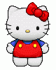 Pixelated white cat with red bow, blue sleeves, red overalls with yellow buttons, black eyes, and yellow nose in three poses: standing still, waving, and waving with arm raised higher.
